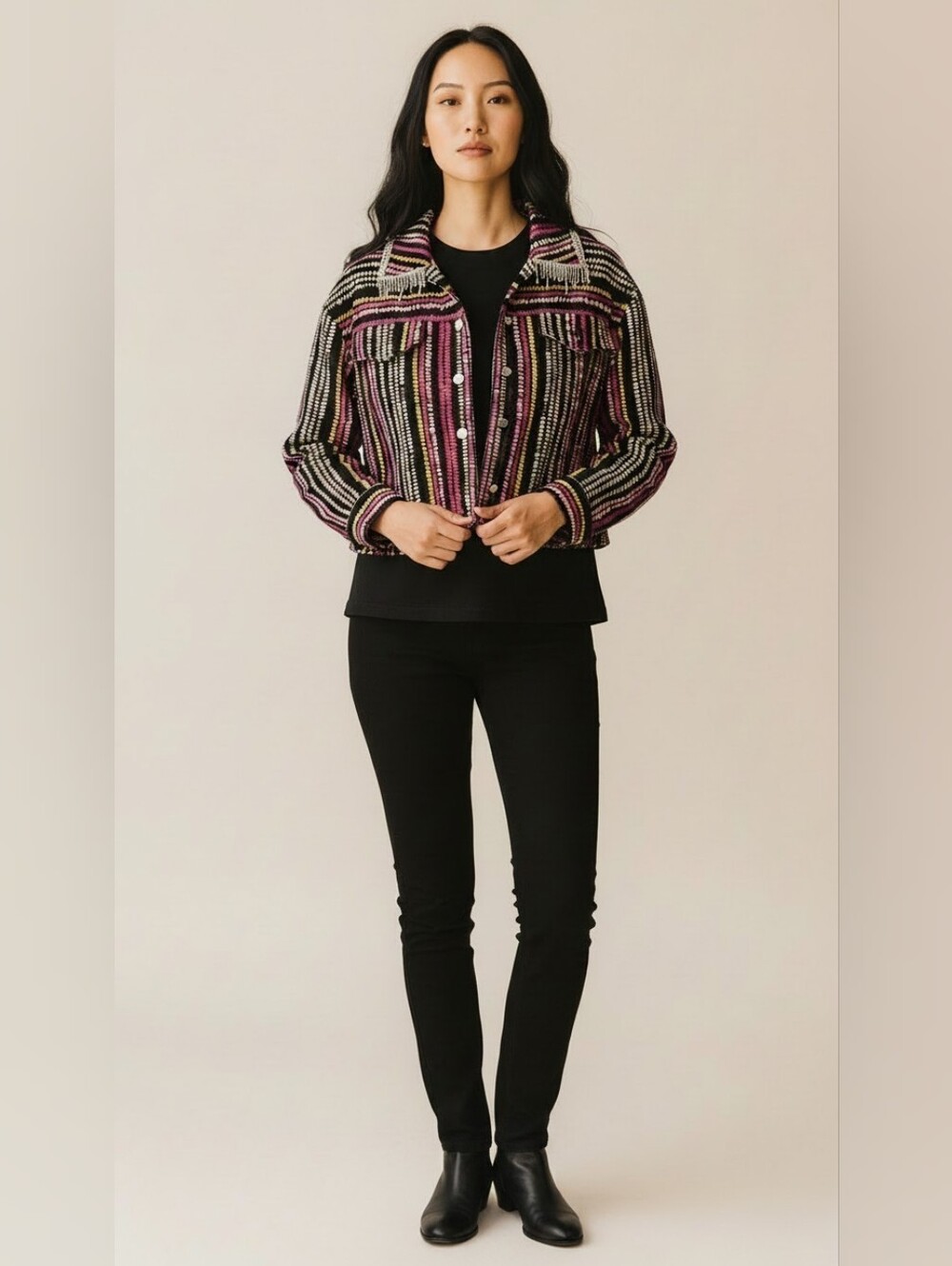 NWT Striped Cropped Knit Jacket Pink and Black Rhinestone Accents Misses Small